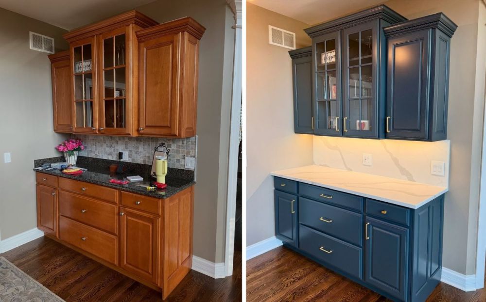These Brown Wood Cabinets Were Painted Brushed Blue Without Replacing the Detailed Millwork · 图 4